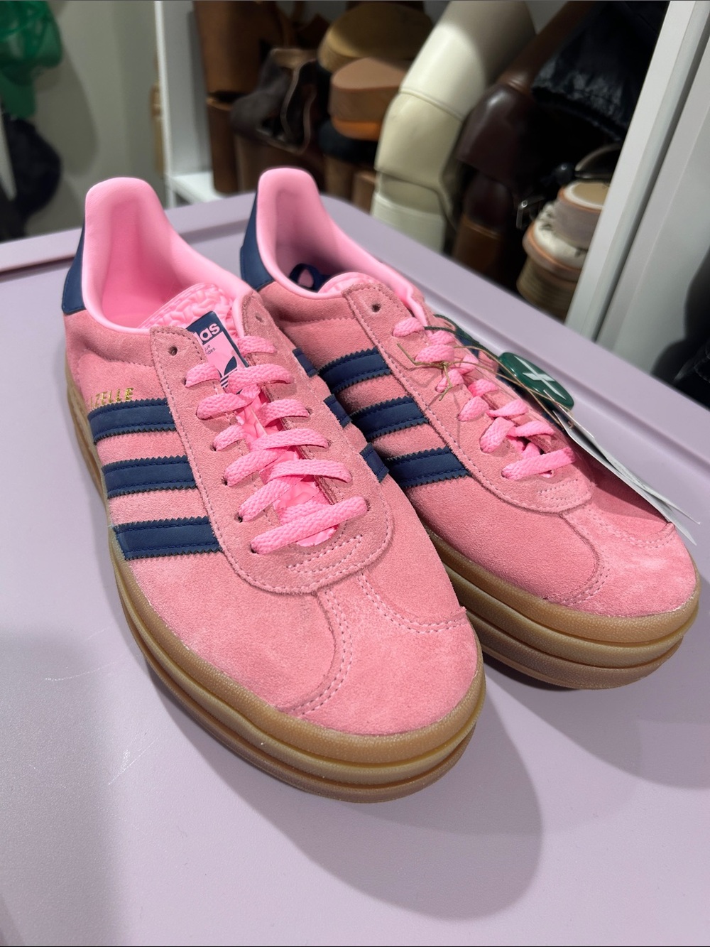 Platform adidas Pink Suede Sneakers with Navy Stripes and Gum Platform